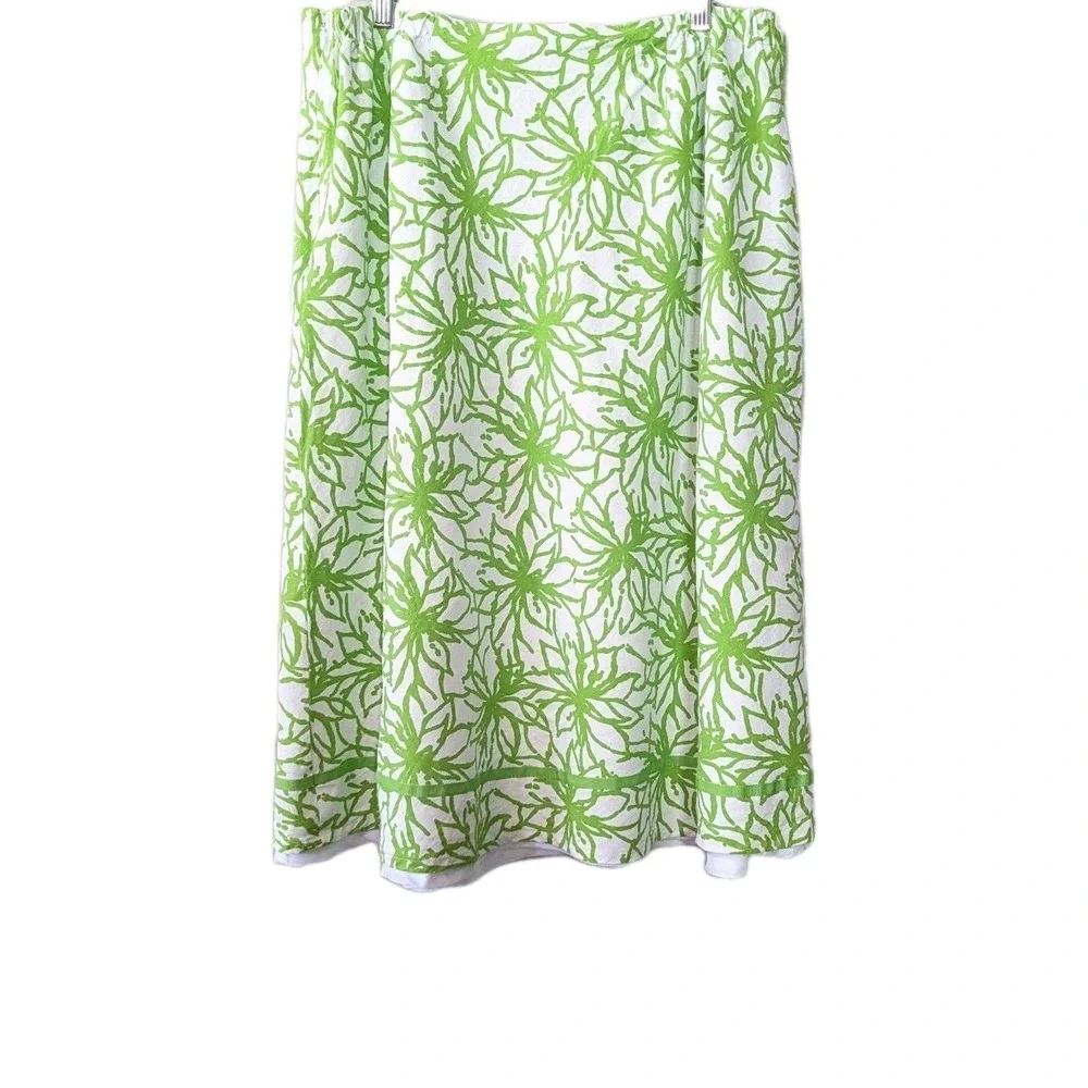 14/16 Linen Blend Midi Skirt Lime‎ Green Floral A-Line Summer Peasant Women
